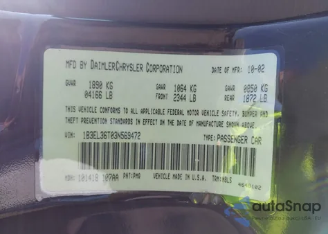 2003 Dodge Stratus Se from USA, damaged, VIN 1B3EL36T03N569472